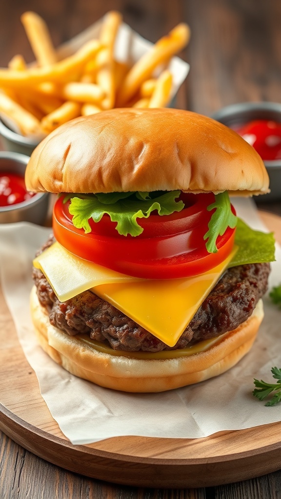 Classic Beef Hamburger Recipe A classic beef hamburger with lettuce, tomato, and cheese on a toasted bun, served with fries and ketchup.